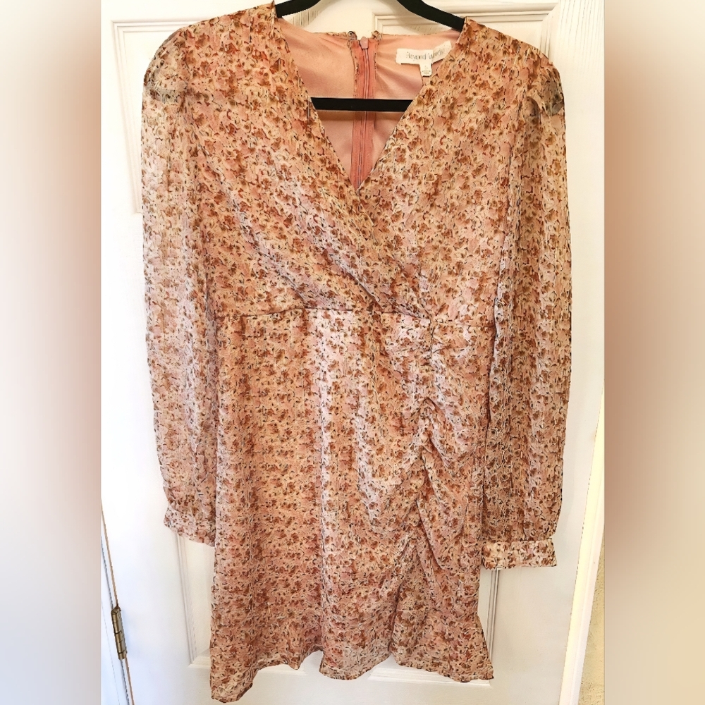 Pink Floral Ruched V-Neck Long Sleeve Dress